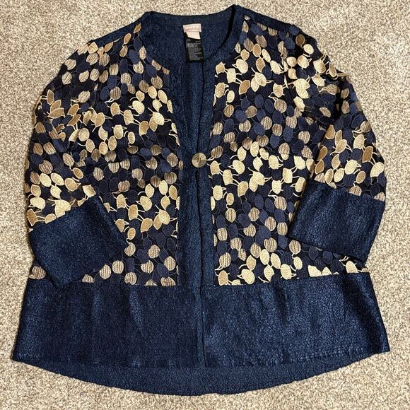 Chico’s Travelers Navy & Gold Embroidered Jacket | Size 1 - Picture 1 of 11